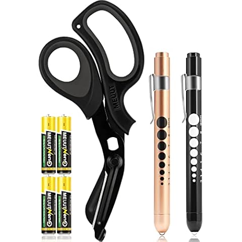 MEUUT 3 Pack Medical Scissors and penlights for Nurses with Four Batteries-One 8" Patented Trauma Scissor Bandage Scissor Two LED Pen lights for Nurse Doctor EMT First Aid Cover