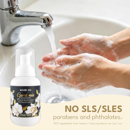 Image of ROMIIE ZOI Foaming Hand Soap, Gardenia Scent, 4 fl oz Travel Size | Natural SLS-Free Formula, Gentle Moisturizing, Rich Creamy Foam, w / Compact Refillable Dispenser