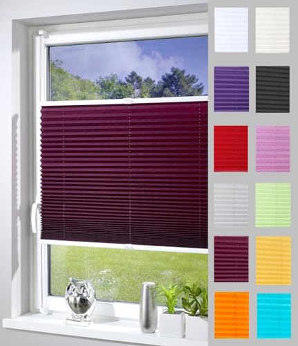 DécoProfi Plissee ohne Bohren Bordeaux 80cm x 220cm (max. Gesamthöhe Fensterflügel) I Verspannte Plissees nach Maß mit Klemmträger/Klemmfix I Blickdichte Innenrahmen-Plissees zum Klemmen