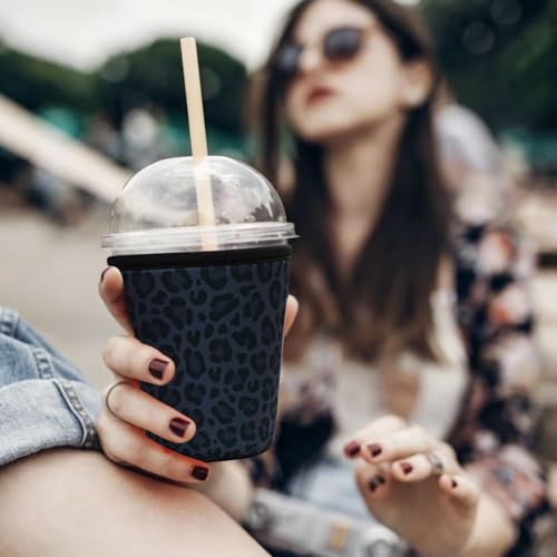 Image of Reusable Insulated Sleeve for Iced Coffee Cup, Coffee Neoprene Sleeve for Cold & Hot Drinks, Beverage Holder for Iced Coffee (Charcoal Leopard, Medium: 22-24oz)