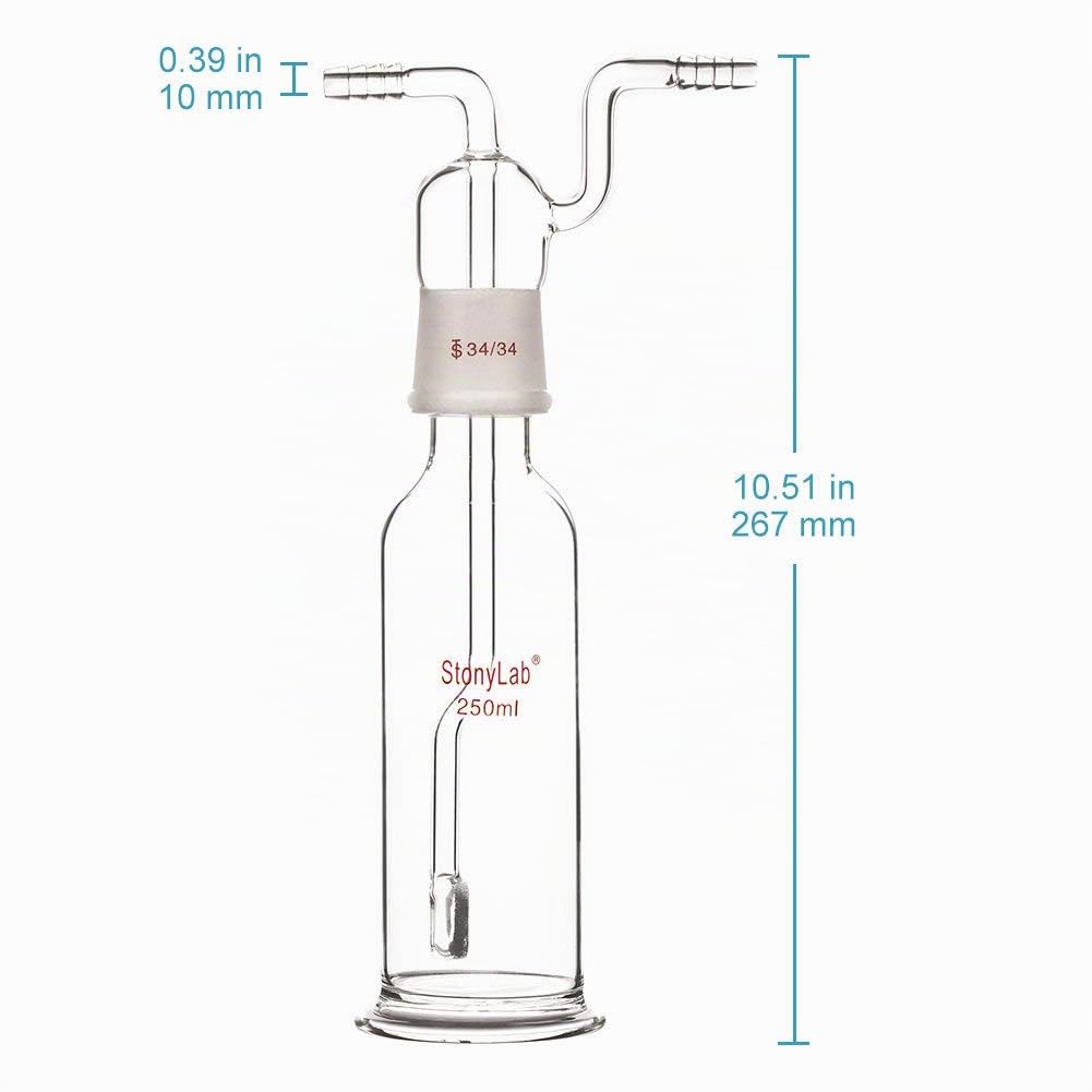 stonylab Botella de Lavado de Gas, Vidrio de Borosilicato Tapón de Gas 34/34 Gas Burbujeador Botella de Lavado con Disco Fritado y Entrada de 8 mm de Diámetro Exterior/Mangueras de Salida, 250 ml