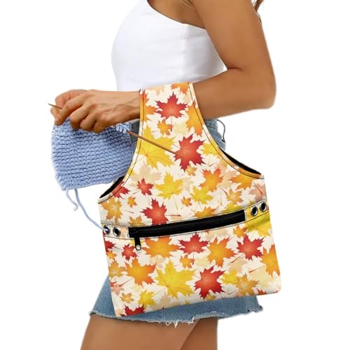 Image of KUIFORTI Knitting Yarn Bag Thanksgiving Gifts Crochet Storage Bags Fall Maple Leaf Decor Yarn Storage Tote Bag with Zipper Pocket Knitting Hook Storage, Small Size