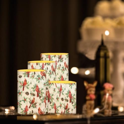 Image of Christmas Cardinal Bird Flickering Flameless Candles with Battery Powered LED Candles with Remote Timer Color Changing Control 4 Pcs Set