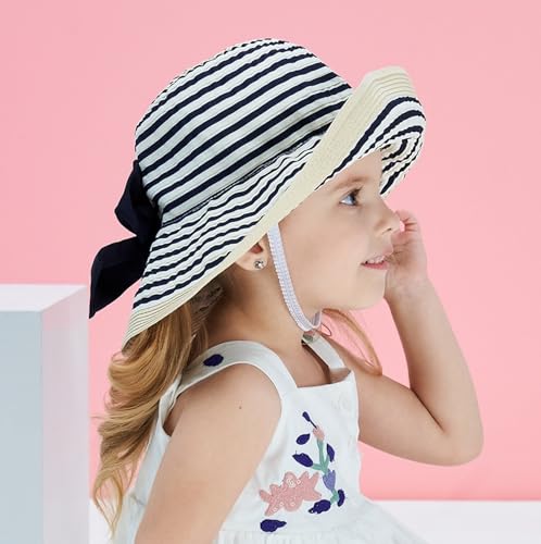 Home Prefer Baby Toddlers Beach Sun Hat Rollable Brim Bowknot Stripe UV Sun Protection Hat for Girls Woven Bucket Hat2