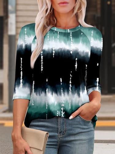 KISSMODA Tunic Tops for Women Loose Fit Dressy Round Neck Pleated 3/4 Length Sleeve Spring Tops