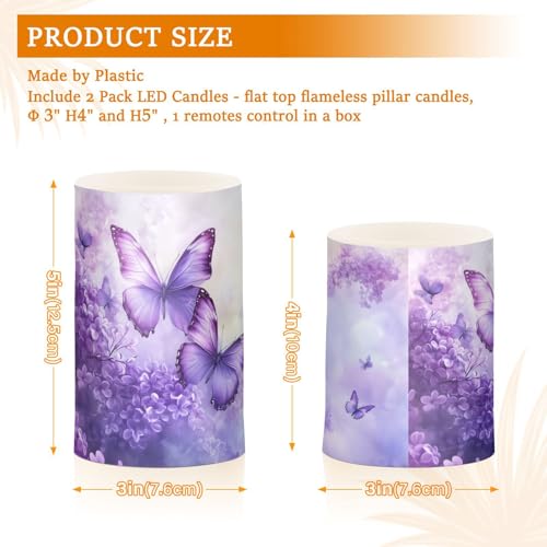 Image of Purple Lilac Butterfly Flowers Flickering Flameless Candles LED Battery Operated with Remote Timer Pillar Candles for Home Birthday Wedding Christmas Decor, Set of 2