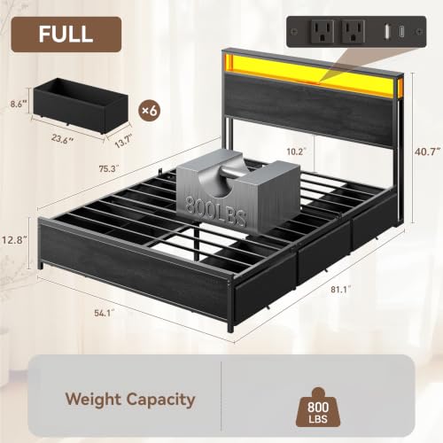 Image of Forestell Full Size Bed Frame with 2-Tier Storage Headboard & 6 Drawers