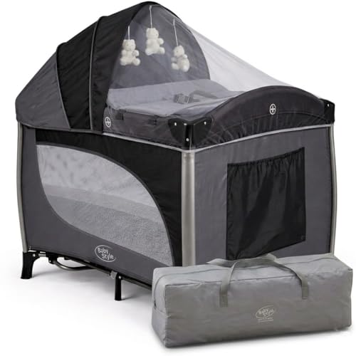 Berço de Bebê Portátil Dobrável com Balanço Baby Style Cercadinho com Mosquiteiro, Caixinha de Som, Luz e Vibração Kit Completo para Viagem com Bolsa, Móbile e Rodas (Preto)