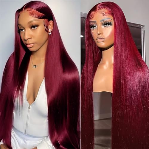 YFFSSJFC 32 Inch 99j Burgundy Lace Front Wigs Human Hair 13x6 HD Red Burgundy Wig Human Hair 200 Density Wine Red Straight Lace Front Wigs Pre Plucked Glueless Frontal Wigs for Women
