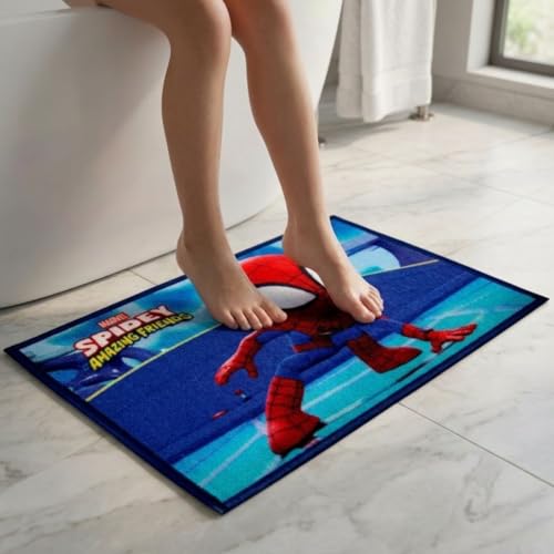 Image of Athom Living Cartoon Printed Themed Multi Colored Kids Premium Nylon Bathmat, with Latex Backing, Anti-Slip Bathmat, 37 x 57 cm, Pack of 1 (Spidey)