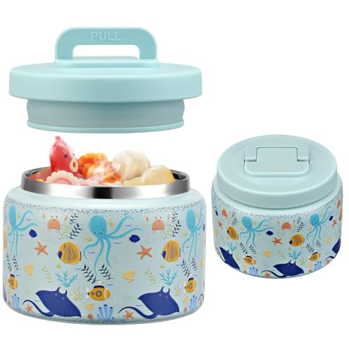 Image of JXXM 8 Oz Thermo Food Jar for Hot & Cold Food for Kids, Insulated Lunch Containers Hot Food Jar,Leak-Proof Vacuum Stainless Steel Wide Mouth Lunch Soup Thermo for School (Blue-Octopus)