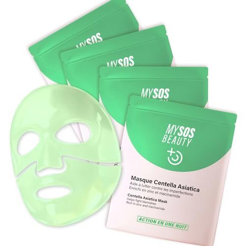 Pack de 4 Masques Collagène Anti-Imperfections My SOS Beauty - 4 x 40 g Masques Visage à la Centella Asiatica, Niacinamide & Zinc - Anti-Acné, Apaisant & Purifiant