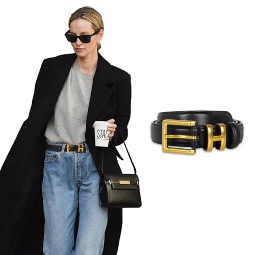 Image of Women's Fashion Classic Metal Buckle Leather Belt with Jeans Dress