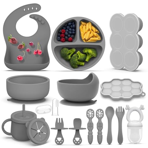 Image of 16 Pack Silicone Baby Feeding Set, BPA-Free Baby LED Weaning Supplies, Include Suction Plates, Baby Bowls, Silicone Fork & Spoon, and More, First Stage Baby Food Eating Utensils - 6+ Months(Grey,16)