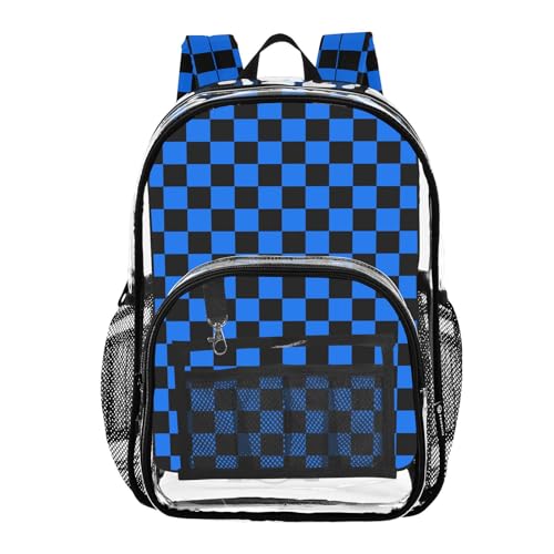Black Dark Blue Checkered Plaid Clear Backpack Heavy Duty See Through Transparent PVC BookBag for Kids Boy Girl Adult School Work