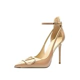 Qunvngutui Women's Pointed-Toe Bag-Toe Strappy V Buckle High-Heeled Shoes Sexy Stiletto Pumps Nude Patent Leather US8