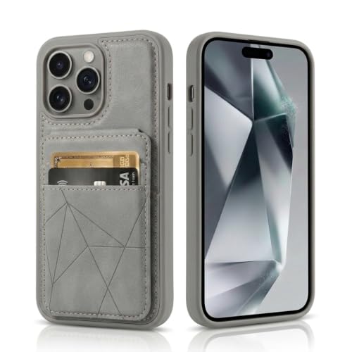 Image of amazon basics Premium Vegan Leather Back Cover with Card Holder and Integrated Mobile Stand for iPhone 15 Pro Max - Slim Shockproof Wallet Case with Geometric Stitching [Gray]