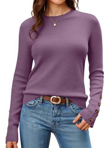Arach&Cloz Womens Long Sleeve Sweaters 2026 Fall Outfits Trendy Crewneck Cozy Knit Black White Casual Button Halloween Chocolate Brown Fashion Tops Winter Purple S - image 1