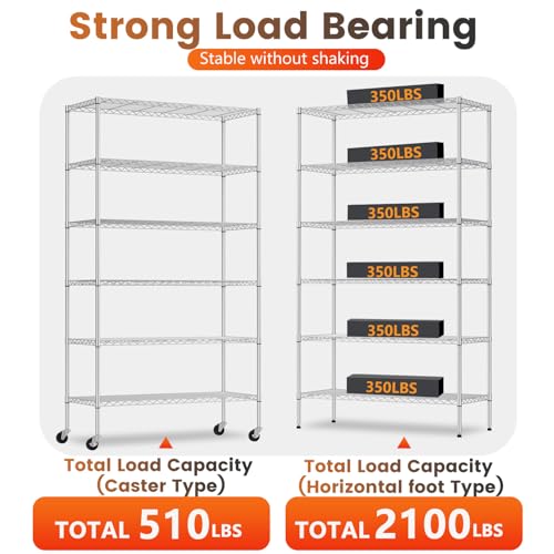 Image of BestOffice | 6-Tier Wire Storage Shelves with Wheels | 18x45x82 | Chrome | Adjustable Racks | Heavy-Duty Metal Shelf, Holds Upto 2100 lbs | No-Tool Assembly | Ideal for Home & Garage Shelving