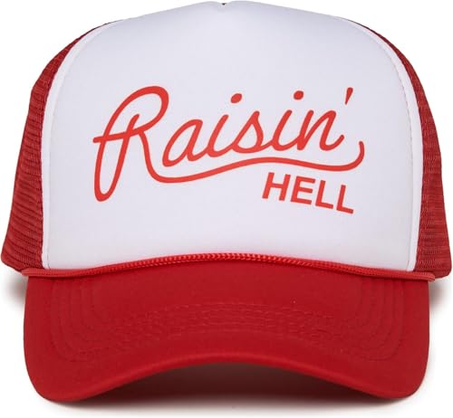 Funky Junque Foam Trucker Hat Funny Mesh Back Baseball Cap for Men & Women Cowboy Chic Party Hat Trendy Womens Trucker Hats - Raisin Hell - Red/White