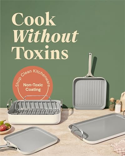 Image of Caraway Square Cookware Set - Square Pans Set - Perfect for Griddling, Toasting, Searing, Roasting, and More - Non-Stick Ceramic Coated Pans - Non Toxic, PTFE & PFOA Free - Cream