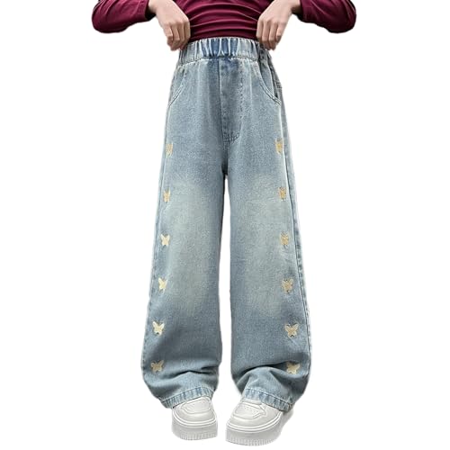 Baggy Jeans for Girls Embroidered Butterflies Adjustable Waist Wide Leg Pants Y2K Cute Jeans for Girls Distressed Washed