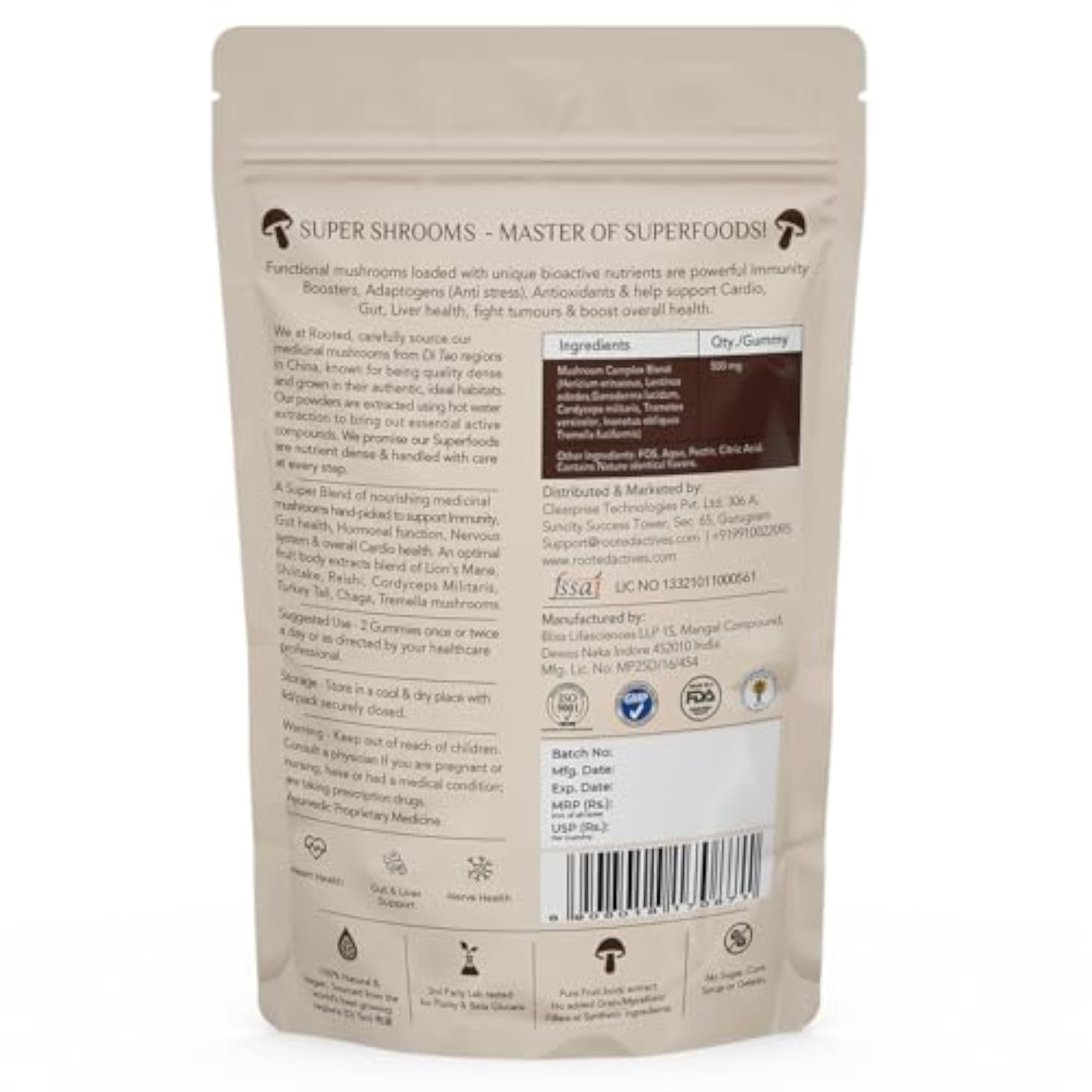 Rooted Actives Organic 7 Mushrooms Blend Gummies, 60 Count