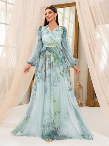 Image of TOLEEN Summer Casual Dresses for Women 2024 Spring Fashion Boho V Neck Long Sleeve Ruffle Floral Print Elegant Maxi Dress