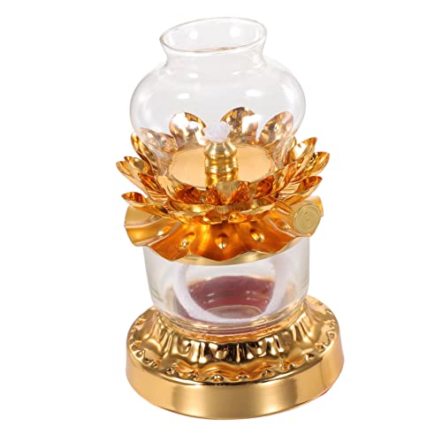 ABOOFAN 1 Pc Lámpara De Buda Lámparas Inusuales Lámpara De Aceite Portalámparas Ghee Manteca Lámparas De Aceite Para Uso Interior Portavelas De Loto Bombillas Queroseno Golden Vidrio