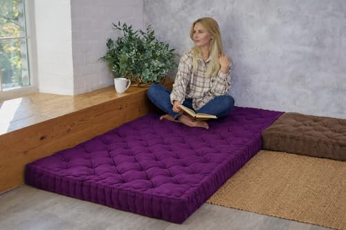 Image of ATOOTFUSION Soft Cotton Floor Box Mattress, 5-Inch Thick, Foldable, Movable, Medium Firm, Solid Colored (Purple, Queen 48X72X5 Inches)