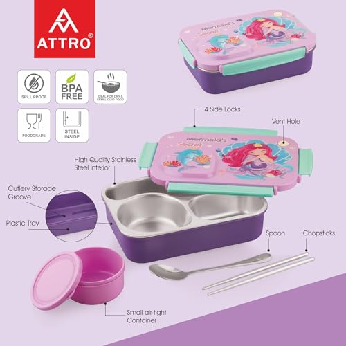 Image of ATTRO School Bite Stainless Steel Lunch Box - 3 Compartment Bento Tiffin, Leak-Proof & Durable, Ideal for Kids, School, Picnic- 750ml+150ml, Pink Lavender- Princess Theme