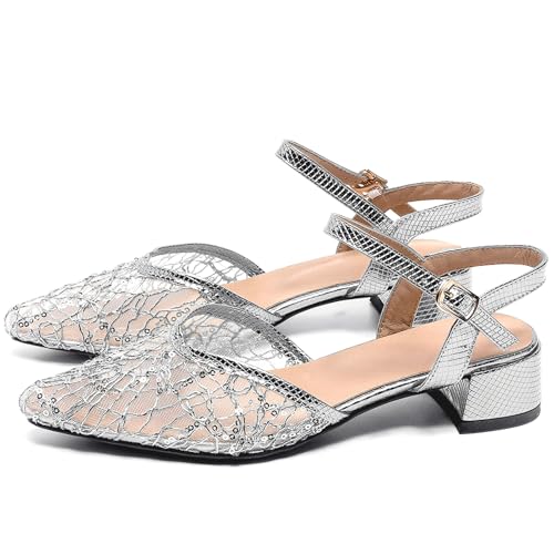 Women's Silver Mesh Flats Sandals Silver Pumps Chunky Heel Glitter Pointed Toe Buckle