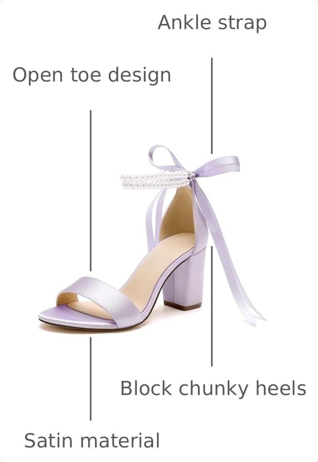 Image of Women's Open Toe Pearl Wedding Shoes for Bride High Heels Sandals Satin Bridal Block Chunky Heels Ankle Strap Prom Evening Party Pumps