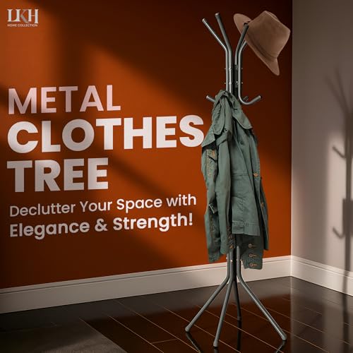 LKH Coat Rack Stand 170cm Steel Hat Stand Coat Stands with 12 Hooks – Clothes Hanger for Jackets, Hats, Scarves, Bags & Umbrellas Space Saving Design Non-Slip Feet-Grey