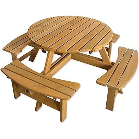 Maribelle 8 Seater Stained Pine Round Wooden Bench/Picnic Table - For Garden, Pub, Patio Cover