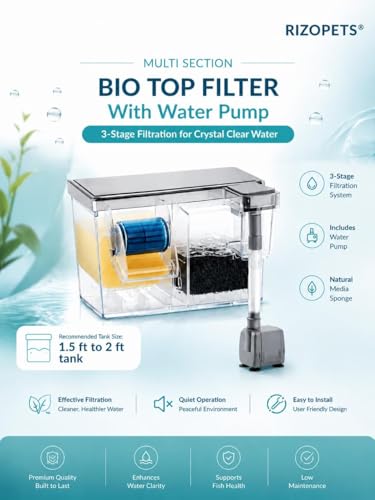 Image of rizopets Multi Section bio top Filter watt -Chamber Aquarium Filter System with Mechanical, Chemical and Biological Filtration, Hanging Filter for Fish Tank watt 6 (BL-771)