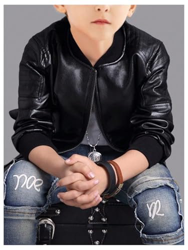 Boy's Fax PU Leather Bomber Jacket Zip Up Long Sleeve Biker Outerwear Motorcycle Coat Streetwear4