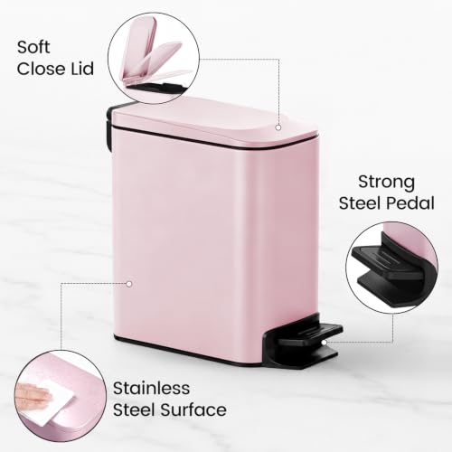 Image of TIPGO Small Bathroom Trash Can with Lid, 1.6 Gal, Soft Close, Pink