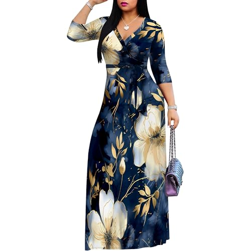 Image of PinkPatty Plus Size Maxi Dress for Women Casual V Neck 3 /4 Sleeve Boho Printed Long Dress with Pockets
