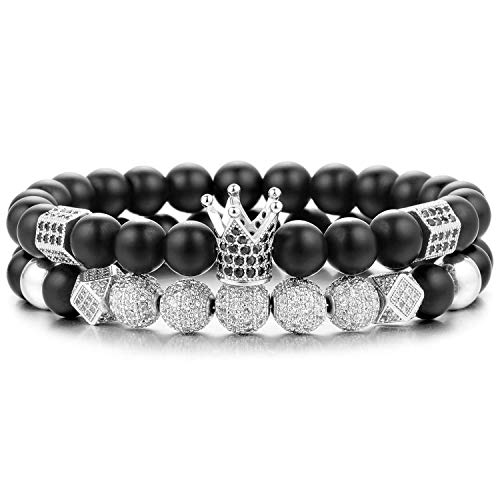 FUNEIA 2 Stück Onyx Perlenarmband für Herren King & Queen Crown mit 8mm Naturstein Perlen Natürlicher Schwarzer Matter Onyxstein Stretch-Armbänder für Männer Tolle Geschenkidee Cover