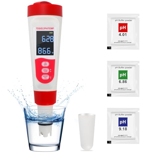 Digital Pool Water PH Tester – Multifunctional 4 in 1 PH Meter for Water/TDS/EC/Thermometer, TDS EC Meter Digital Water Tester with LCD Display for Drinking Water Swimming Pools Aquariums Hydroponics