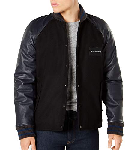 Calvin Klein Mens Leather Sleeve Varsity Jacket, Black, Small