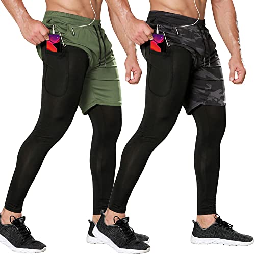 Odoland 2 Pack Mens Compression Running Pants, 2 in 1 Quick Dry Athletic Workout Sweatpants Shorts Gym Leggings with Pocket Large Army Green/ Camo
