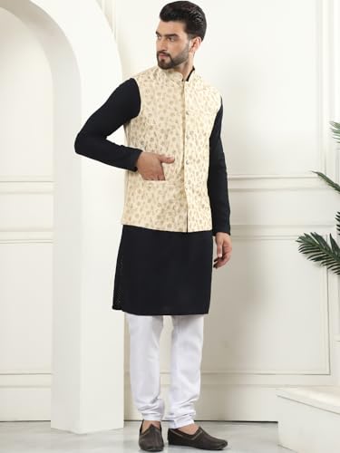 Image of SOJANYA (Since 1958 Men's Cotton Linen Maroon Kurta and White Pyjama with Mustard Cotton Nehru Jacket