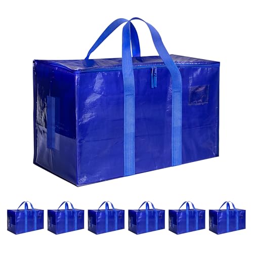 Simple Deluxe 6 Pack Extra Large Moving Bags with Lids, Reinforced Handles and Zippers, Heavy Duty Storage Tote for Moving Travel Camping Space Saving, Blue