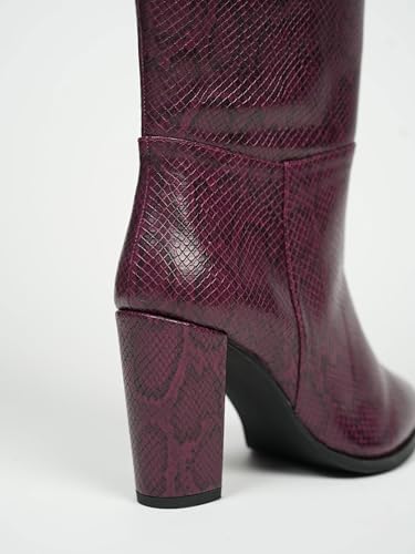 Image of Theater Women Nagini Knee-High Snake Print Boots | Chunky Block Heel & Pointed Toe | Stylish, Trendy, Comfortable Boots for Party, Casual & Fashion Wear