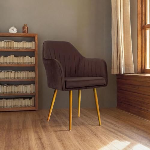 Image of Velvet Accent Chair | Luxury Upholstered Armchair with Sturdy Metal Legs | Modern Comfortable Chair for Living Room, Bedroom, Office, or Cafe (Golden Legs, Dark Brown)