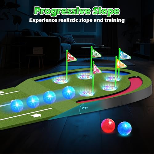TERRAMUS Golf Putting Mat for Kids, Toy Golf Set with Light up Holes, Glowing Balls, Practice Putting Green with 2 Clubs, Golfing Mats Indoor Outdoor, Sport Game Gifts for Kids Teens Family - Thumbnail 2