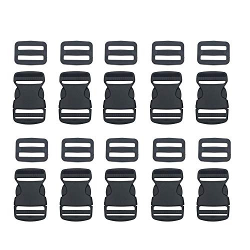 EesTeck 10 Set 1 Inch Flat Dual Adjustable Plastic Quick Side Release Plastic Buckles and Tri-glide Slides for Luggage Straps Pet Collar Backpack Repairing (Black, Fit For 1”/25mm Webbing Straps)