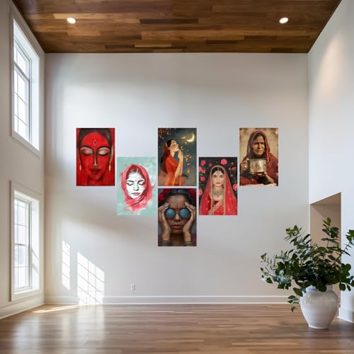 Image of SiddArtify Red and Teal Indian Women Art Print Set - 300GSM Board - 12x18 Inch - Pack of 6 Wall Room Decoration art Poster Prints